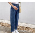 ใหม่กางเกงยีนส์สีน้ำเงินเย็บตะเข็บกลางสำหรับผู้หญิง